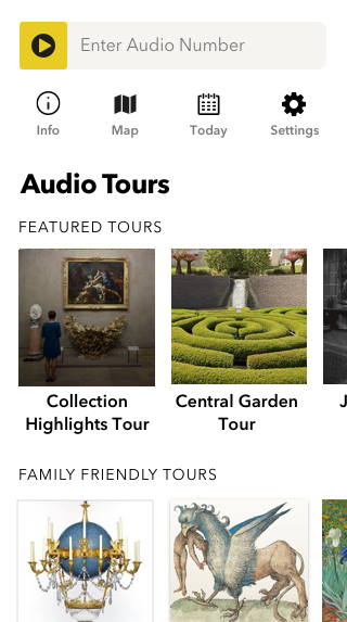 Museum Audio Guide Design - The menu screen showcasing a place to enter a random stop number as well as segmented tours.