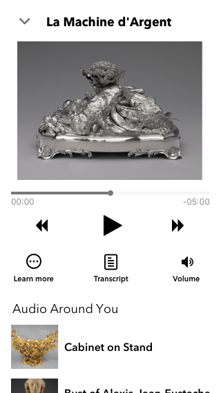 Museum Audio Guide Design - An item screen - when not on a tour you can see audio that is near this one base upon location proximity in gallery.