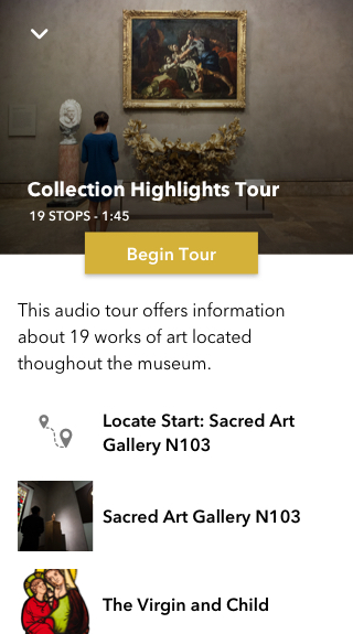 Museum Audio Guide Design - Tour home screen when you select a tour from the menu page. Minimizing takes you back to the menu screen.