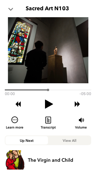 Museum Audio Guide Design - Audio Stop - here you can listen to the audio of a stop or item and access different features. You are also able to see the next item in the tour or toggle to the whole list. Minimizing creates a 