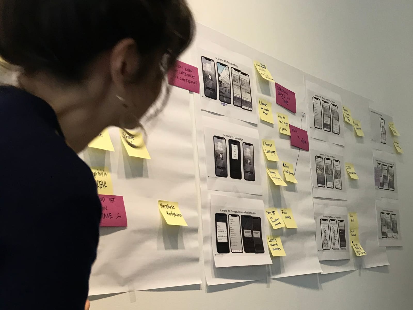 Museum Audio Guide User Flow Workshop - Person looking at sticky notes and comps on a wall