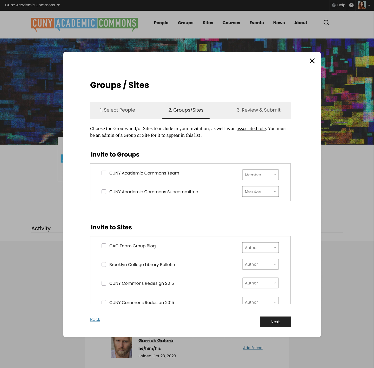 Invite Modal - Step 2 - Select Groups & Sites